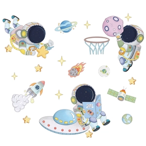 Cartoon astronaut and space rocket wall stickers in pastel colors for kids' room