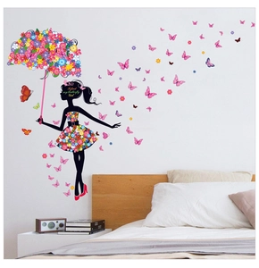 Detail of Butterfly Girl wall sticker showing silhouette with flower umbrella and butterflies