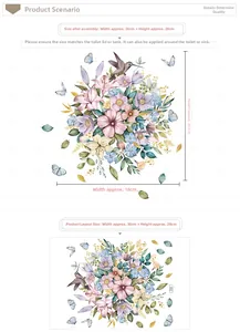 Detail of floral toilet stickers featuring watercolor lilies, a hummingbird, and butterflies