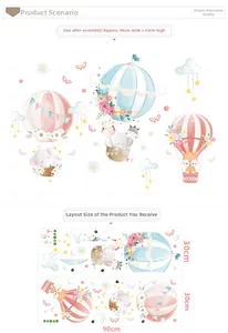 Cartoon animals and hot air balloon wall stickers for nursery decor in 96x63cm size