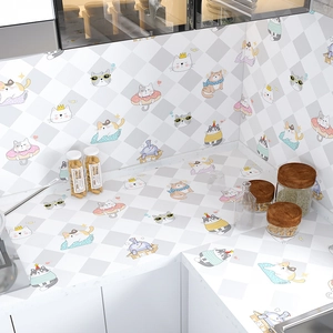 Waterproof kitchen wall sticker with cute cartoon cat patterns and grey diamond grid