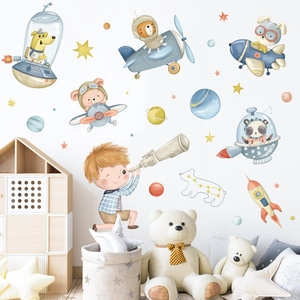 Space exploration wall decals featuring watercolor animals and astronauts for kids' rooms