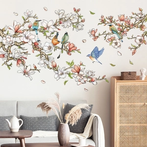 Large magnolia flower and bird wall decal for bedroom or living room decoration