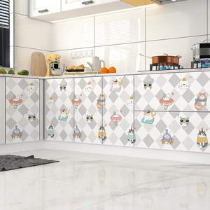 Waterproof kitchen wall stickers with cute cartoon cats and grey diamond patterns