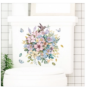Detail of floral toilet stickers featuring watercolor daisies, hummingbirds and butterflies
