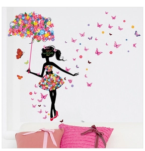 Detail of Butterfly Girl wall sticker with floral umbrella and pink butterflies