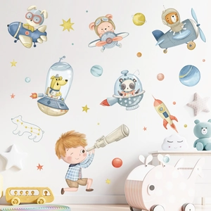 Space animal wall stickers with cartoon astronauts and planets for kids nursery room decor