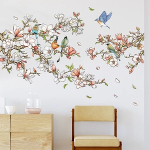 Elegant magnolia flower and bird wall decals for bedroom and living room decor