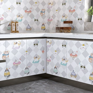Self-adhesive kitchen wall sticker with cute cartoon cats and gray diamond grid pattern