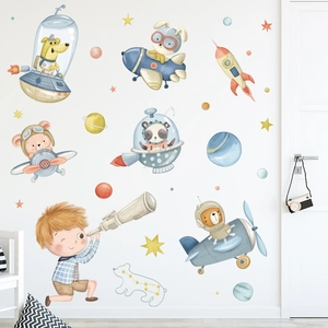 Cartoon animal astronauts and planets wall decals for nursery and kids' room decoration