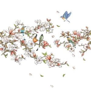Floral wall sticker featuring white magnolia flowers and colorful birds on white background