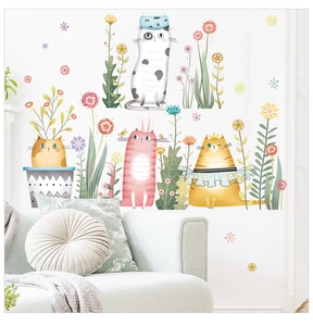 Set di adesivi murali gatto cartone animato e fiori per cameretta dei bambini