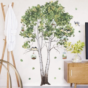 Modern birch tree wall decal with green leaves, birds, and hanging glass jars for bedroom decoration
