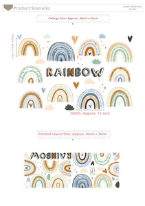 Detail layout of DIY rainbow wall stickers with clouds and hearts for kids rooms