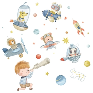 Cartoon space animals wall decals with astronaut boy and colorful planets for nursery room