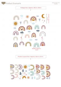 Detail of bohemian rainbow wall stickers showing dimensions and various morandi sun patterns