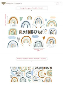 Detail view of Bohemian rainbow wall stickers set with clouds and hearts for nursery room