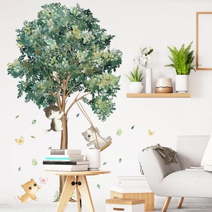 Stickers muraux chat mignon et arbre vert pour décoration de chambre d enfant et crèche