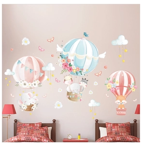 Detail of cartoon hot air balloon wall decals with elephant and fox for kids room decoration