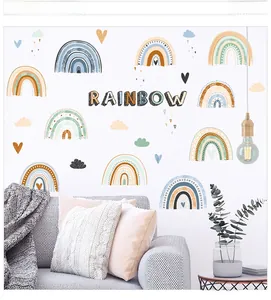 Detail of Nordic style rainbow and cloud wall stickers in Morandi colors for nursery decor