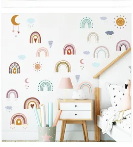 Bohemian rainbow and cloud wall stickers for kids bedroom decor in soft earthy tones