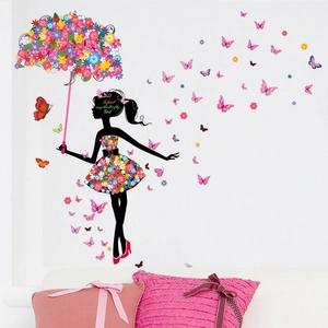 Butterfly Girl Wall Sticker Floral Umbrella Silhouette DIY PVC Decorative Decal For Bedroom Living Room Home Decoration