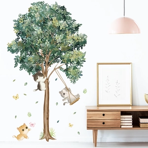 Stickers muraux chat et arbre aquarelle pour décoration de chambre d'enfant aux tons verts