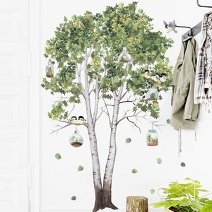 Birch tree wall sticker with green leaves and birds for Nordic style living room decor