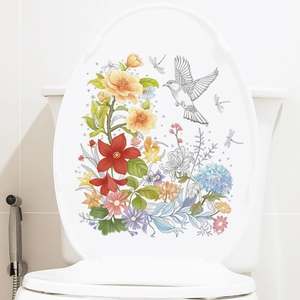 Stickers pour couvercle de WC fleurs et oiseaux sur fond de salle de bain en céramique