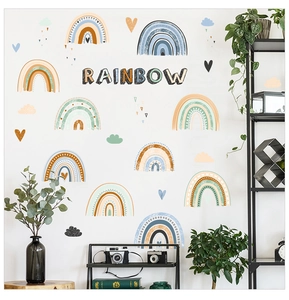 Bohemian rainbow wall stickers with clouds and hearts in Morandi colors for nursery decor