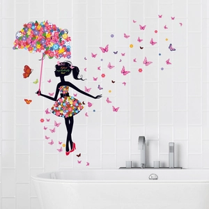 Dancing girl silhouette wall decal with colorful flower dress and flying butterflies