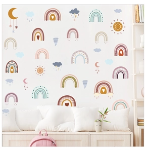 Bohemian rainbow and sun wall stickers set in soft Morandi tones for kids room decor
