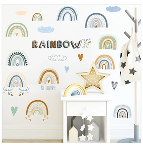 Detail of DIY rainbow wall stickers with clouds and hearts for nursery room decor