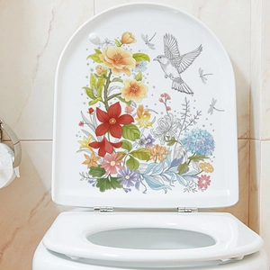 Sticker pour couvercle de toilettes avec fleurs colorées et oiseaux pour déco de salle de bain
