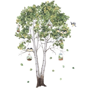 Watercolor birch tree wall stickers with green leaves and hanging glass plant pots