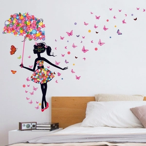 Dancing girl wall decal with floral umbrella and pink butterflies for room decor
