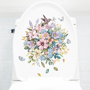 Watercolor Flower Hummingbird Butterfly Toilet Lid Sticker PVC Removable Waterproof Bathroom Home Decoration Decal Art