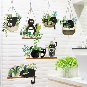 Cute black cat and green hanging plant wall decals for creative balcony home decoration