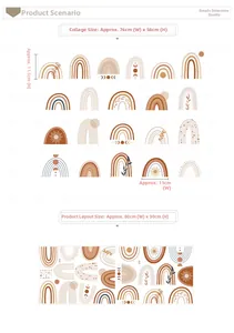 Detail view of boho rainbow wall decals showing pattern dimensions and Nordic earthy tones