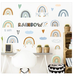 Detail of boho rainbow wall stickers with clouds and hearts in Morandi earth tones