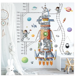 Detailed view of space rocket height chart measuring 60 to 145 cm for kids wall decor
