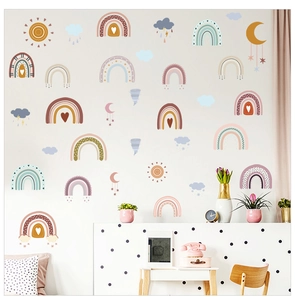 Bohemian rainbow wall stickers with sun and moon elements for nursery bedroom decor