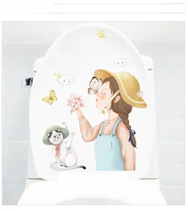 Cartoon girl and cat toilet lid sticker with sun and flower for bathroom decor