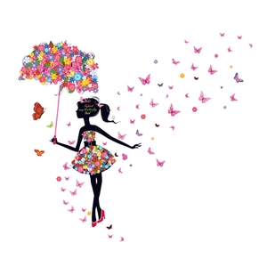 Creative wall sticker featuring a butterfly girl silhouette with a floral umbrella and skirt