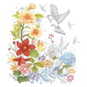 Stickers de fleurs pour abattant de WC avec oiseaux et libellules sur fond blanc