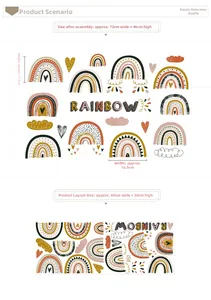 Detail view of rainbow wall stickers showing DIY layout dimensions and Morandi colors