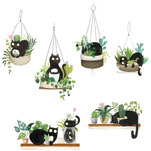 Cute black cat and hanging plants creative wall decals for home balcony decoration