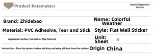 Detailed specifications table for rainbow weather PVC wall stickers on flat smooth surfaces