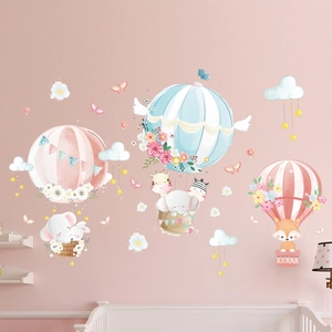 Cartoon Animal Hot Air Balloon Wall Stickers For Nursery Kids Room PVC Removable Elephant Fox Giraffe Stars Wall Decals