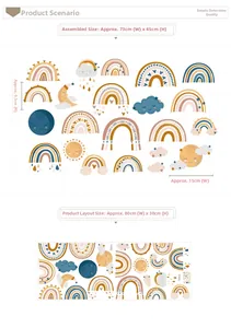 Detail of Nordic rainbow wall stickers showing 73x45cm layout size and boho cloud patterns